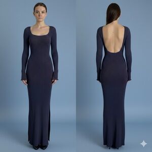 AYNI Purple Knit Maxi Dress Deep Scoop Back Side Slits Made in Peru S Stretchy